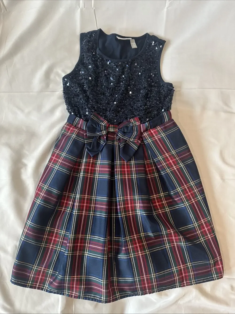 🎀 The Children’s Place Girls 12/14 blue sequence Plaid Sleeveless Dress 💙